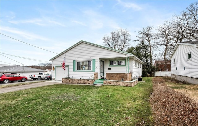 view of front facade with an attached garage, fence, concrete driveway, brick siding, and a front lawn