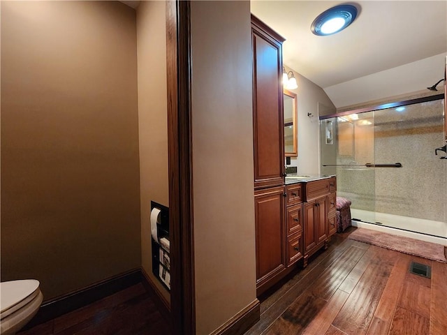 288 Latonka Dr, Jackson Twp Mer, PA 16137 - bathroom with toilet, vanity, a stall shower, wood-type flooring, and vaulted ceiling