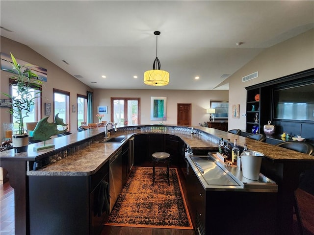 288 Latonka Dr, Jackson Twp Mer, PA 16137 - kitchen with lofted ceiling, a sink, wood finished floors, dark cabinets, and pendant lighting