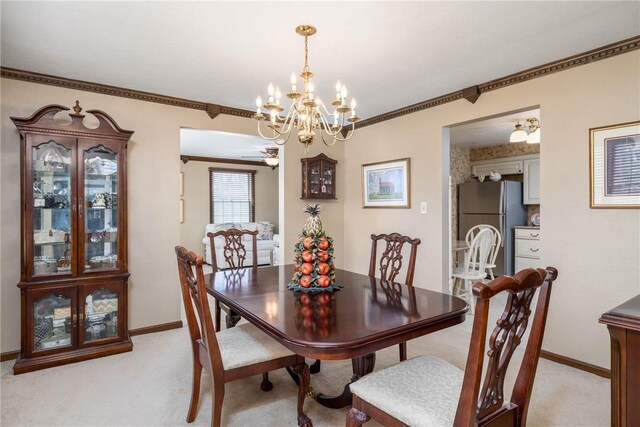 511 Pleasant Valley Rd, Buffalo Twp Wsh, PA 15301 - dining room featuring a chandelier, light carpet, baseboards, and crown molding