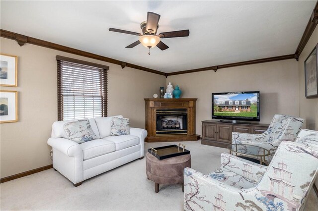 511 Pleasant Valley Rd, Buffalo Twp Wsh, PA 15301 - living area featuring carpet floors, ceiling fan, crown molding, a fireplace with raised hearth, and baseboards