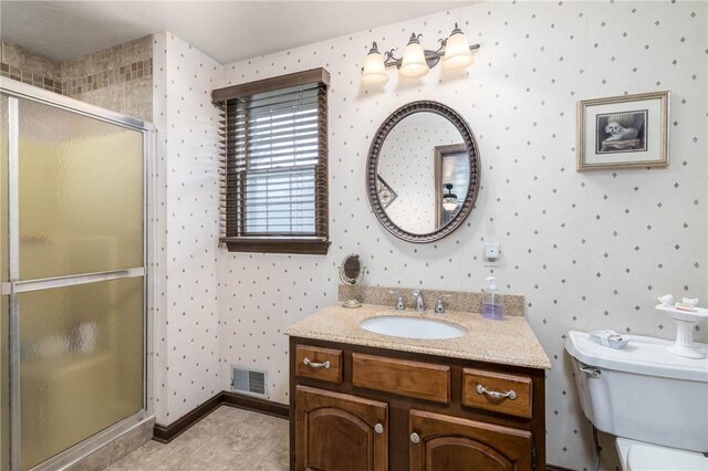 full bath featuring a stall shower, wallpapered walls, and visible vents