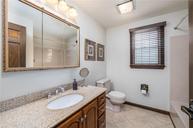 full bath with vanity, tile patterned flooring, a shower, toilet, and baseboards
