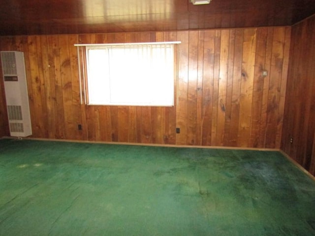 carpeted empty room featuring wood walls