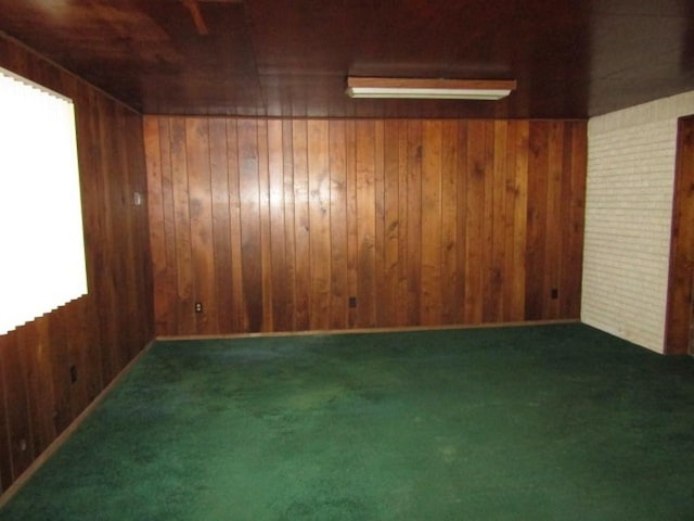 carpeted spare room with wood walls
