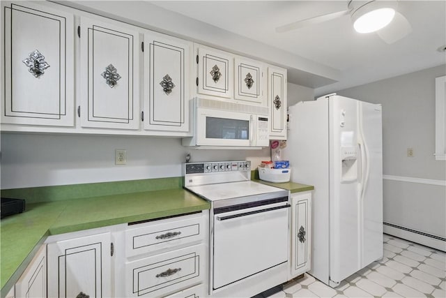 kitchen featuring a baseboard heating unit, light floors, white appliances, white cabinets, and ceiling fan