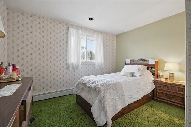 bedroom with wallpapered walls, carpet flooring, and baseboard heating