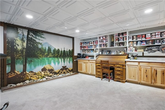 office featuring an ornate ceiling, recessed lighting, and light carpet