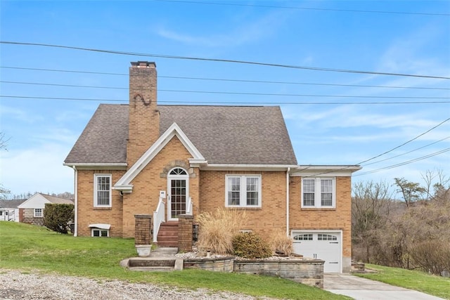 40 Terrace Rd, East Bethlehem, PA 15348 - view of front of house featuring a front yard, brick siding, a chimney, a garage, and concrete driveway