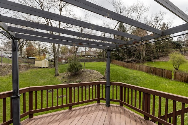137 Loire Valley Dr, Shaler, PA 15209 - wooden deck featuring a pergola, a fenced backyard, an outbuilding, a yard, and a storage unit
