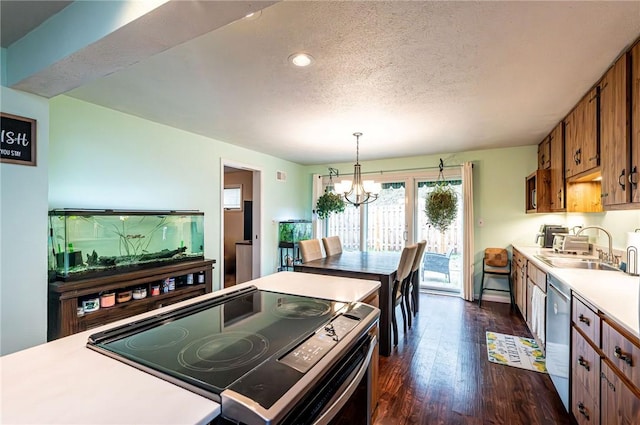 225 Circle Dr, White Oak, PA 15131 - kitchen featuring an inviting chandelier, brown cabinets, stainless steel dishwasher, electric stove, and a sink