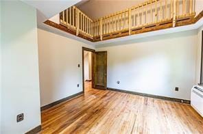 spare room featuring baseboards, a towering ceiling, and wood finished floors