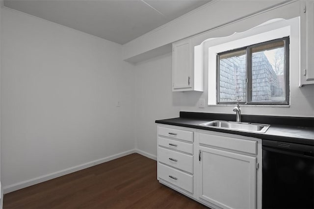 kitchen featuring white cabinetry, black dishwasher, dark wood-style flooring, a sink, and dark countertops