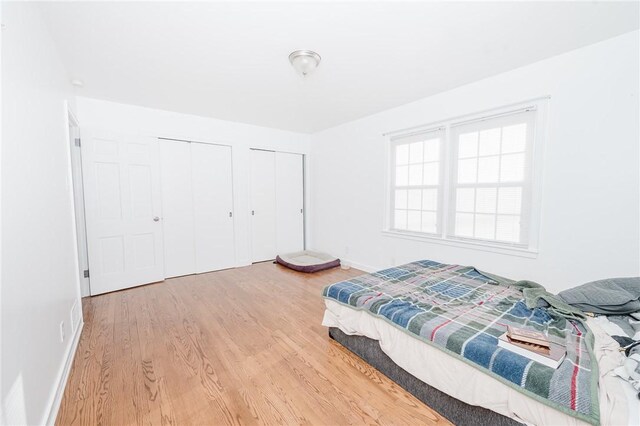 bedroom with light wood-style floors, baseboards, and multiple closets