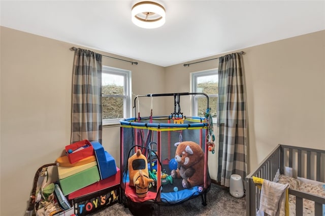 rec room with carpet floors and a wealth of natural light