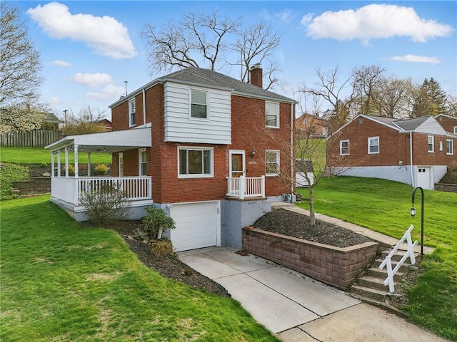 view of front of house with a front yard, driveway, a garage, and a chimney