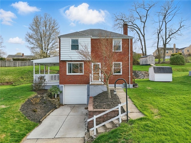 view of front of home with a storage shed, an attached garage, a chimney, concrete driveway, and a front lawn