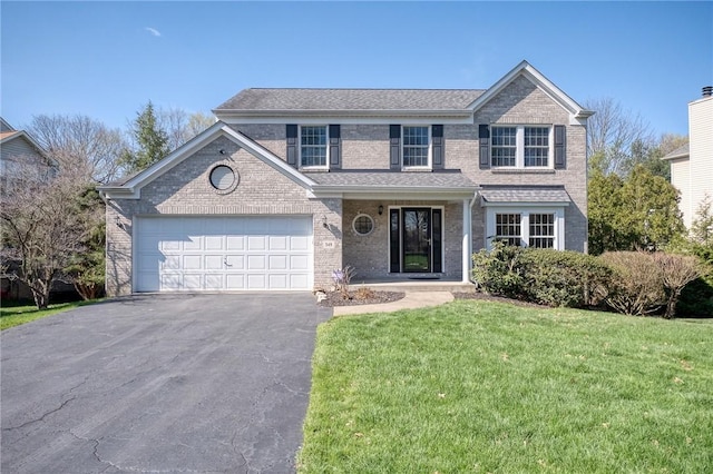 traditional home with an attached garage, driveway, a front yard, and brick siding