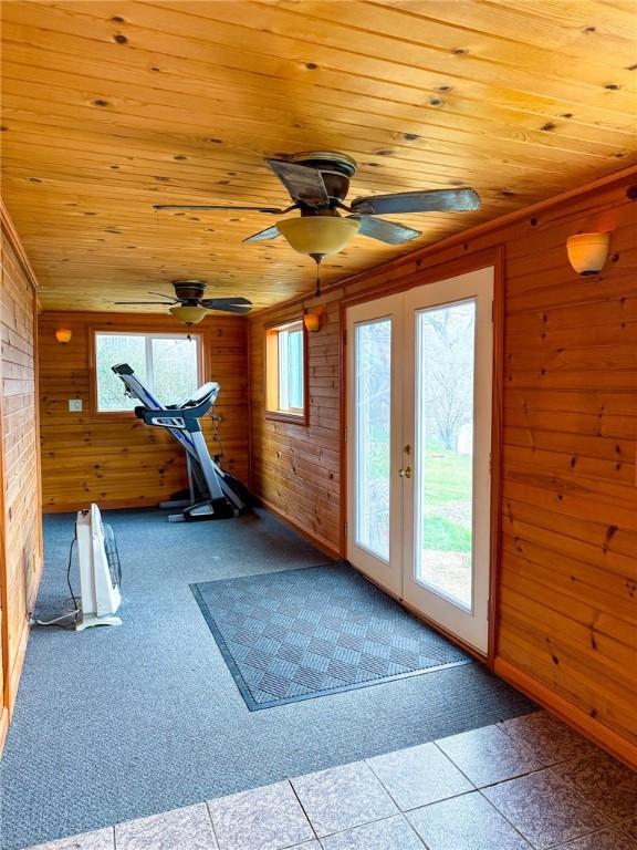 210 Locust St, Rural Valley Boro, PA 16249 - workout room featuring wooden walls, wooden ceiling, and a healthy amount of sunlight