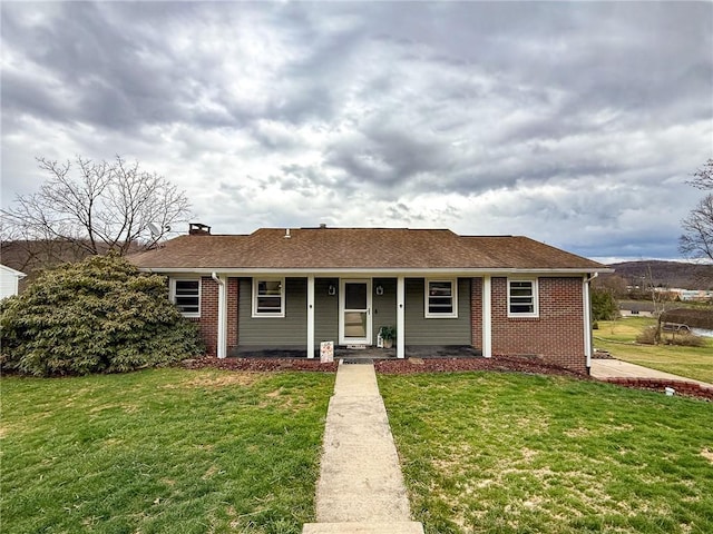210 Locust St, Rural Valley Boro, PA 16249 - ranch-style home with brick siding, a chimney, a front lawn, and a porch
