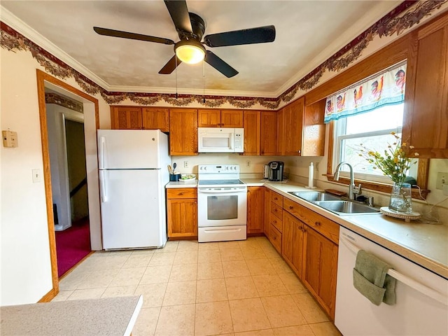 210 Locust St, Rural Valley Boro, PA 16249 - kitchen with a sink, light countertops, white appliances, crown molding, and brown cabinets