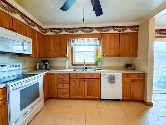 210 Locust St, Rural Valley Boro, PA 16249 - kitchen featuring white appliances, light countertops, brown cabinets, ceiling fan, and a sink