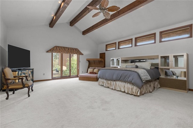 bedroom featuring ceiling fan, high vaulted ceiling, light carpet, baseboards, and beam ceiling