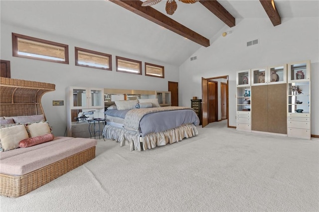 bedroom with high vaulted ceiling, visible vents, light colored carpet, and beamed ceiling