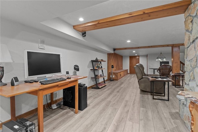 office space with beamed ceiling, light wood finished floors, and recessed lighting