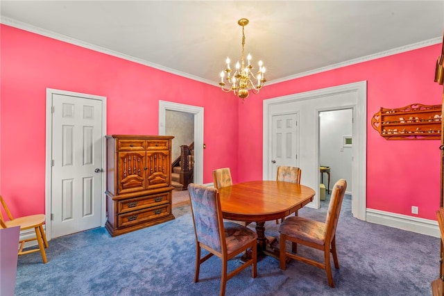 101 Cherry Ave, Houston, PA 15342 - carpeted dining room featuring stairs, baseboards, an inviting chandelier, and crown molding