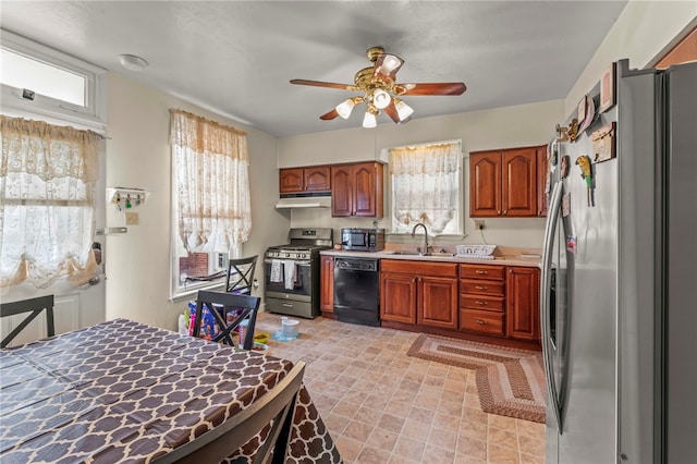 101 Cherry Ave, Houston, PA 15342 - kitchen featuring a sink, light countertops, a ceiling fan, under cabinet range hood, and stainless steel appliances