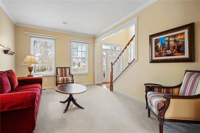 107 Stafford Ct, Ohio Twp, PA 15237 - living area featuring stairway, baseboards, ornamental molding, and carpet floors