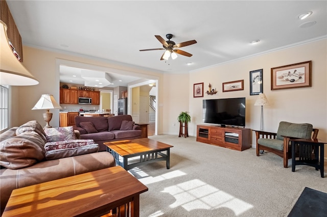 107 Stafford Ct, Ohio Twp, PA 15237 - living area with light colored carpet, ornamental molding, and a ceiling fan