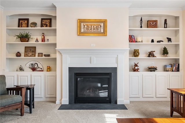 107 Stafford Ct, Ohio Twp, PA 15237 - details with ornamental molding, carpet flooring, and a fireplace with flush hearth