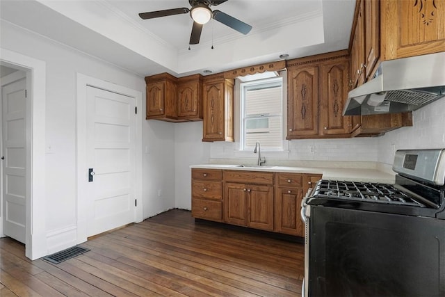 kitchen with a raised ceiling, under cabinet range hood, gas stove, and visible vents