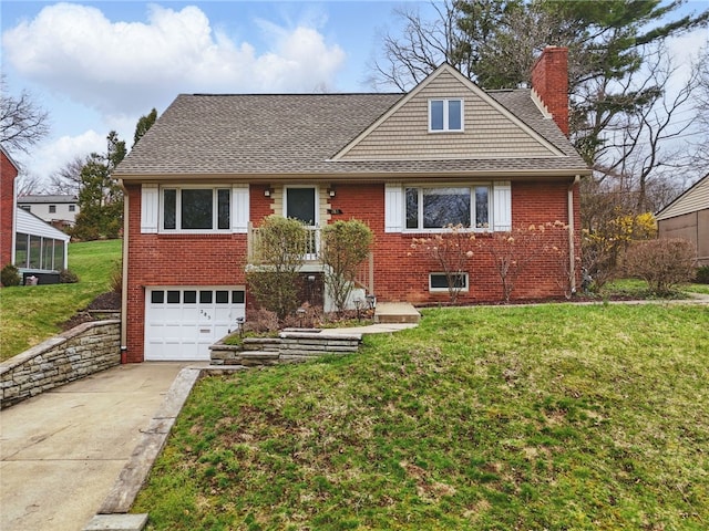 285 Park Entrance Dr, Mt Lebanon, PA 15228 - view of front of house with concrete driveway, a front lawn, brick siding, and a chimney