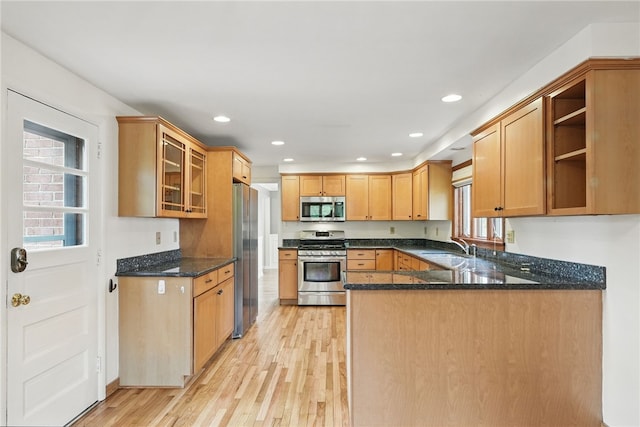 285 Park Entrance Dr, Mt Lebanon, PA 15228 - kitchen with dark stone countertops, a wealth of natural light, appliances with stainless steel finishes, and light wood-style floors