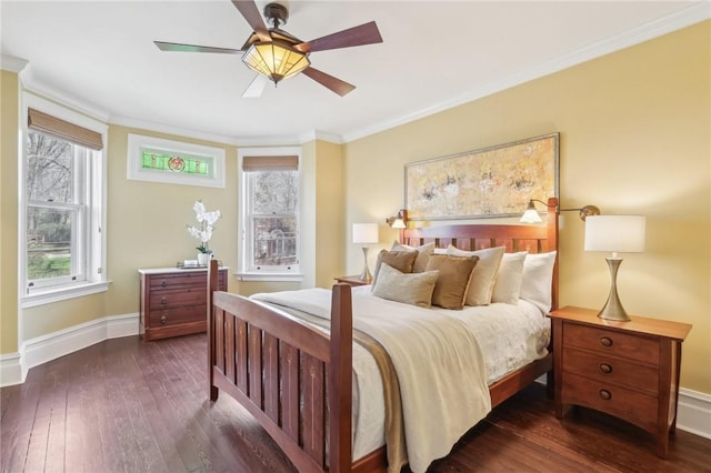 bedroom with dark wood-style flooring, baseboards, ceiling fan, and crown molding