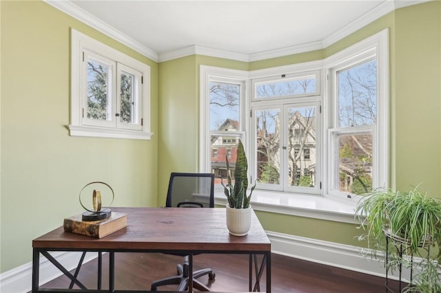 office area with dark wood-style flooring and crown molding