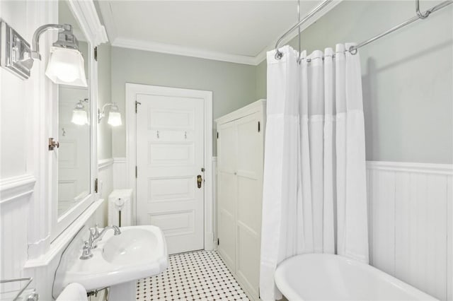 bathroom with a sink, ornamental molding, and a wainscoted wall