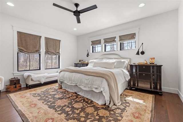 bedroom featuring recessed lighting, baseboards, a ceiling fan, and wood finished floors
