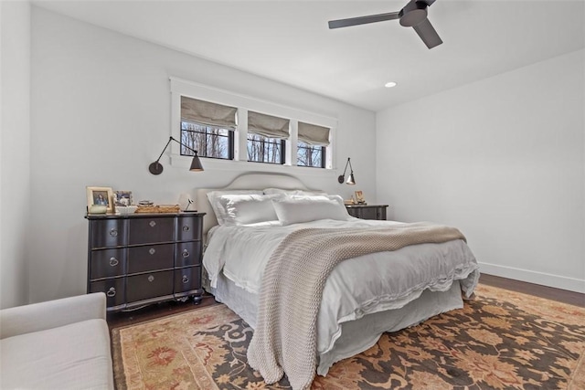 bedroom with recessed lighting, baseboards, a ceiling fan, and wood finished floors