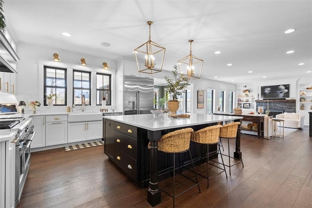kitchen with light countertops, high end appliances, a sink, and a kitchen island