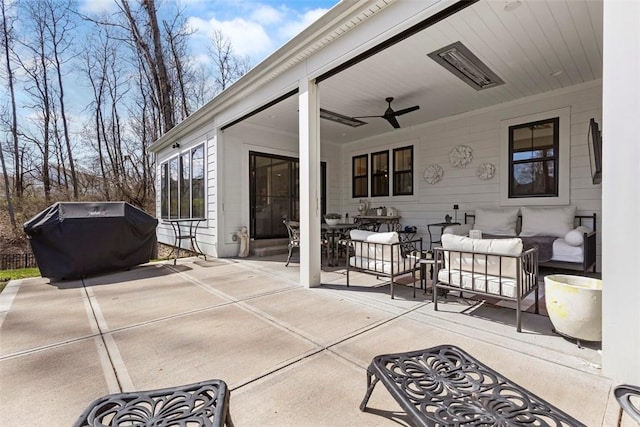 view of patio featuring an outdoor living space, area for grilling, outdoor dining space, and ceiling fan