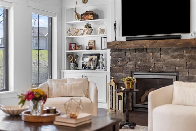 living area with a stone fireplace and built in shelves