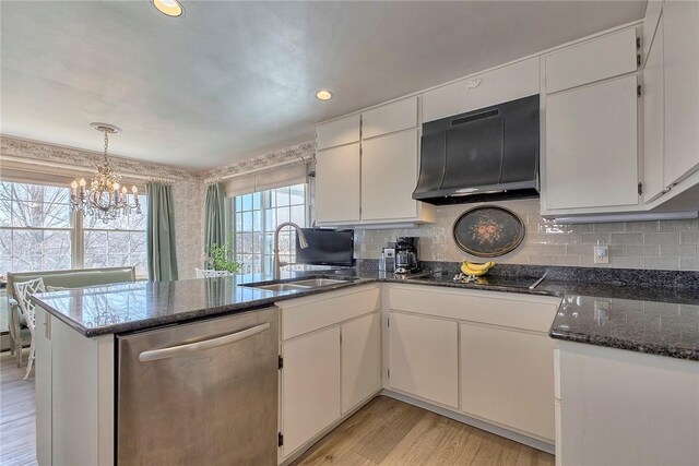 552 N Maple Ave, City Of Greensburg, PA 15601 - kitchen featuring a chandelier, a peninsula, stainless steel dishwasher, range hood, and a sink