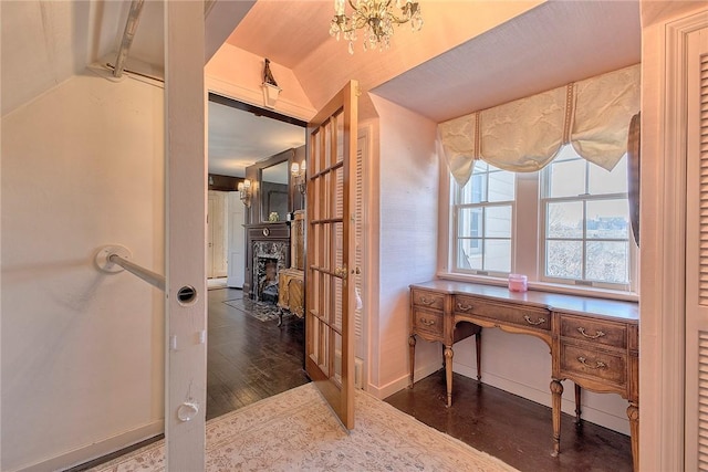552 N Maple Ave, City Of Greensburg, PA 15601 - bathroom featuring baseboards, wood finished floors, a fireplace, and vaulted ceiling