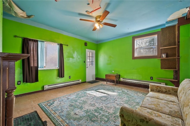 5179 Kincaid St, Garfield, PA 15224 - living room with baseboard heating, ceiling fan, and baseboards