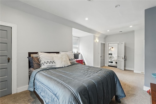 bedroom with baseboards, recessed lighting, vaulted ceiling, and light carpet
