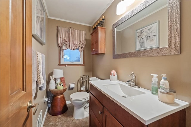bathroom with visible vents, baseboards, ornamental molding, toilet, and vanity